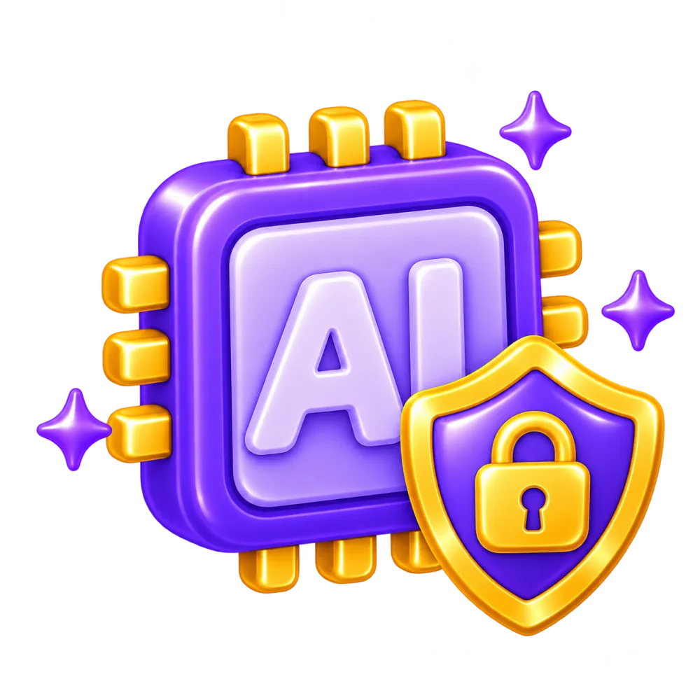 Purple AI chip protected by a gold-rimmed shield and padlock