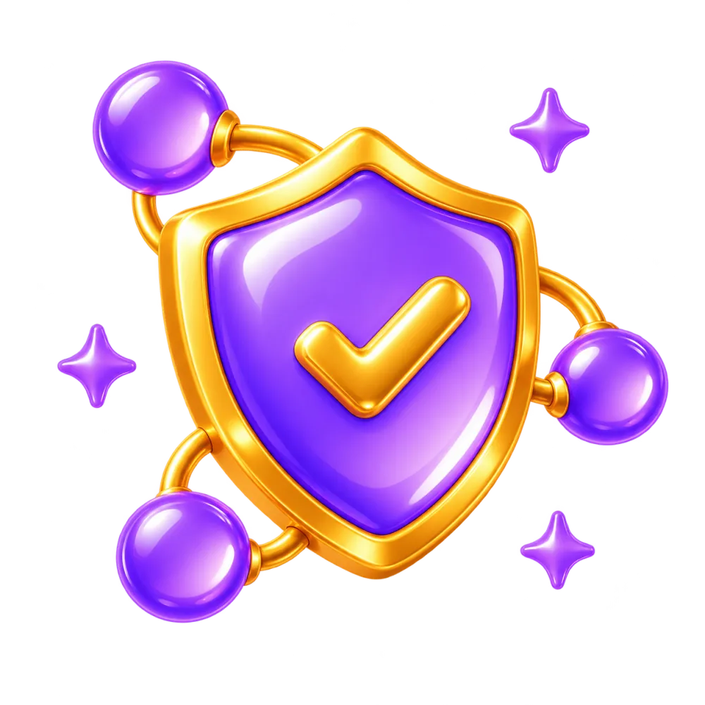 Purple shield with a gold check mark connected to three purple nodes