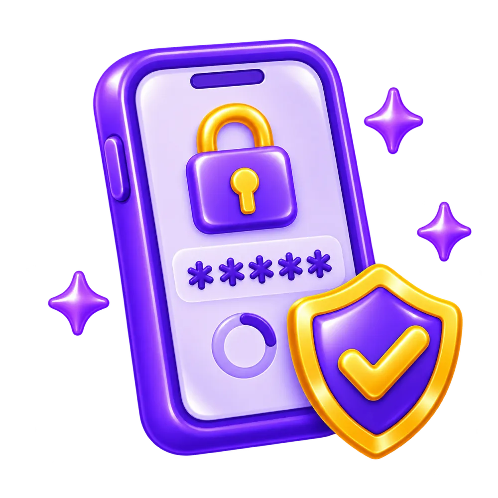 Purple smartphone with a masked passcode, padlock and gold-rimmed verification shield