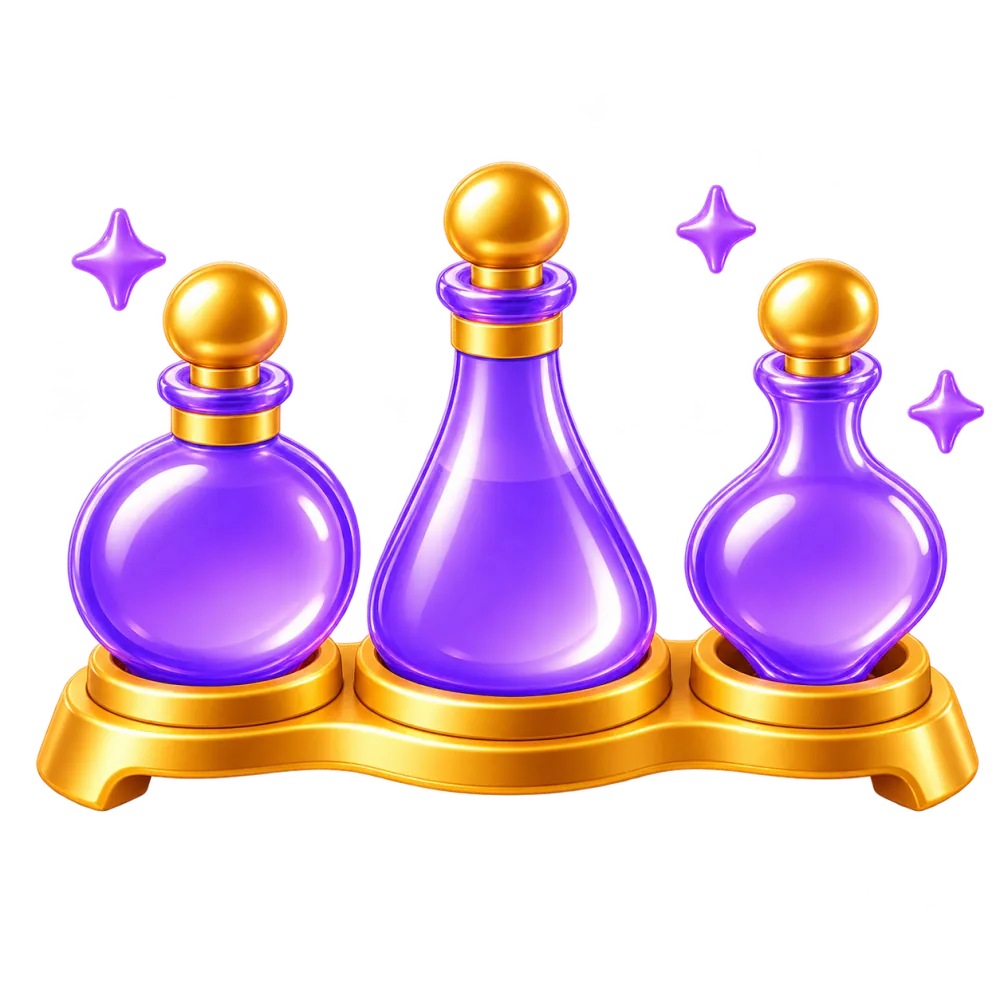 Three sealed potion flasks standing apart on a gold rack