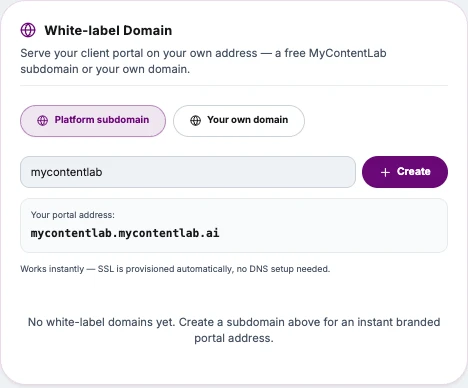 White-label domain settings with platform subdomain and your own domain options