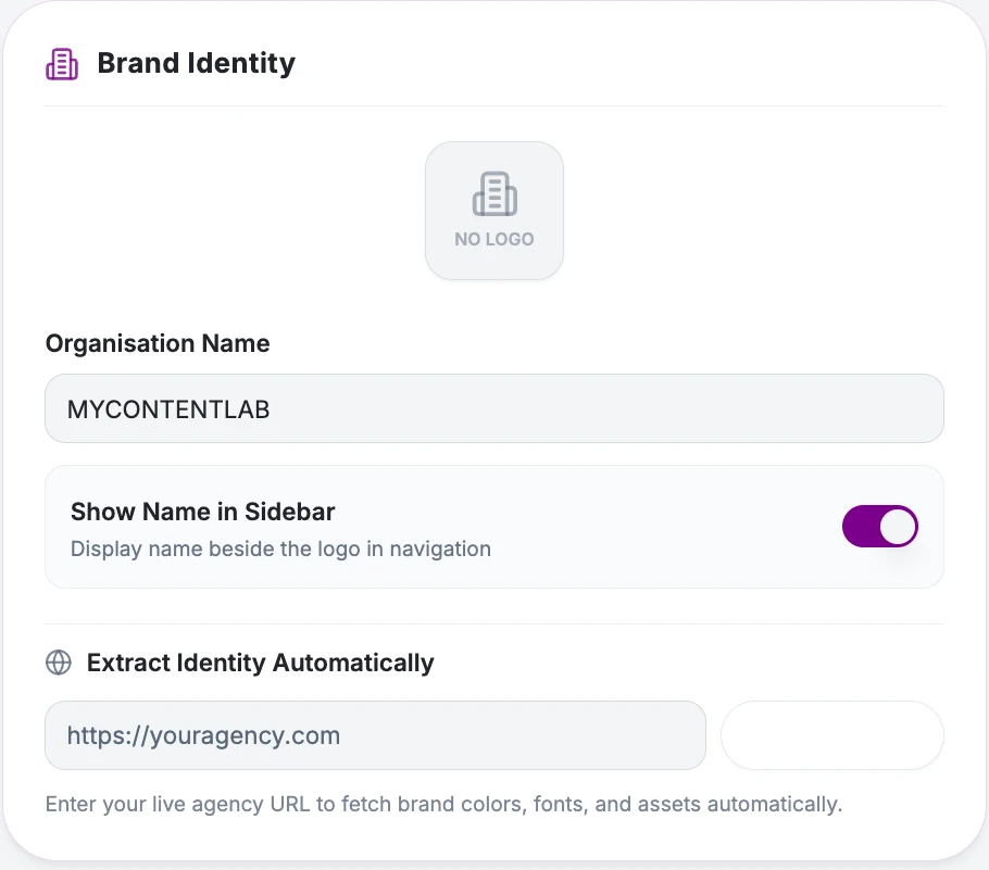 Brand identity settings with logo, organisation name and sidebar options