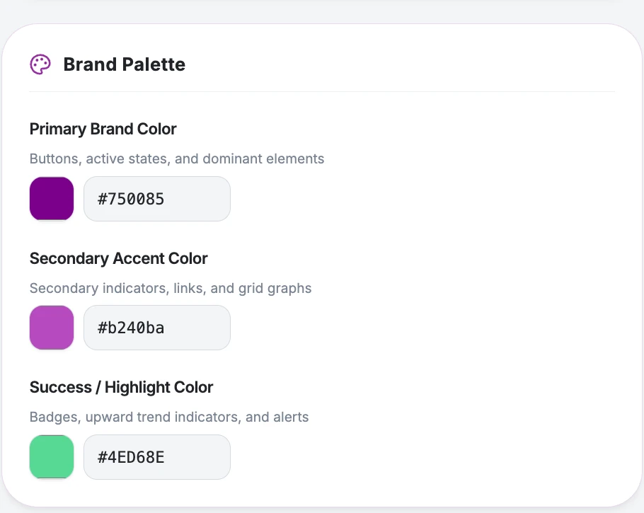 Brand palette settings with primary, secondary and highlight colours