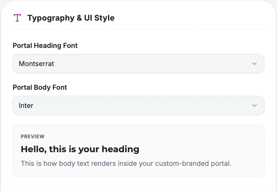 Typography and UI style settings with heading and body font preview